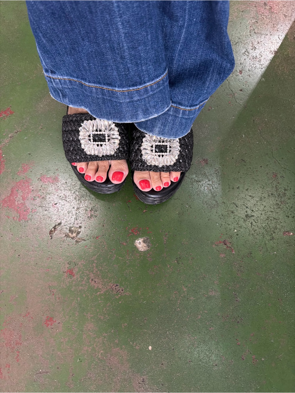 INC International Concepts Black Woven Slide Mules with Crystal Buckle
